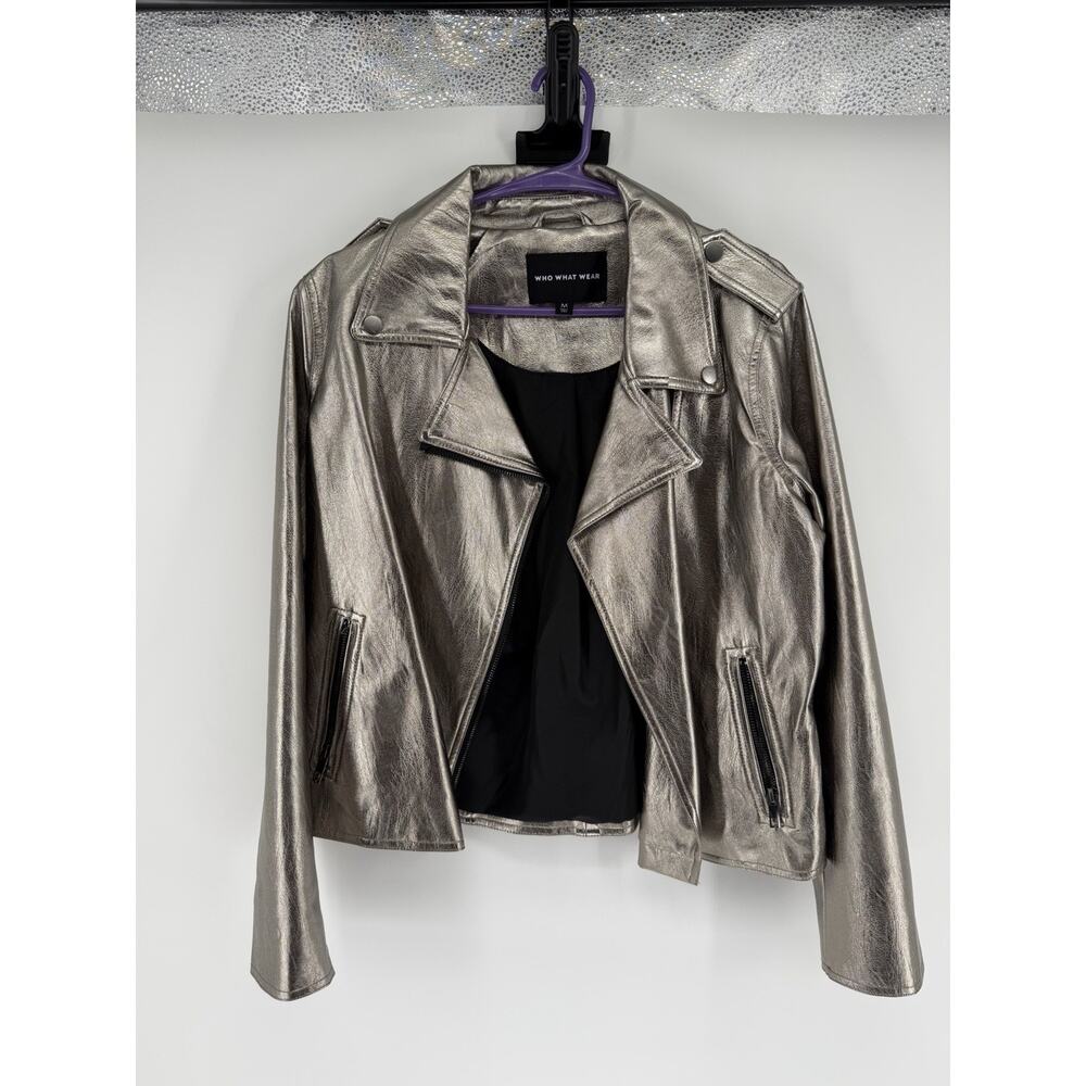 Who What Wear Faux Leather Moto Jacket Womens Size Medium Metallic Silver Gray